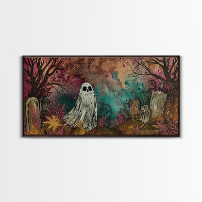 Cute Ghost In The Cemetery, Framed Canvas Print, Halloween Wall Decor, Halloween Trinkets