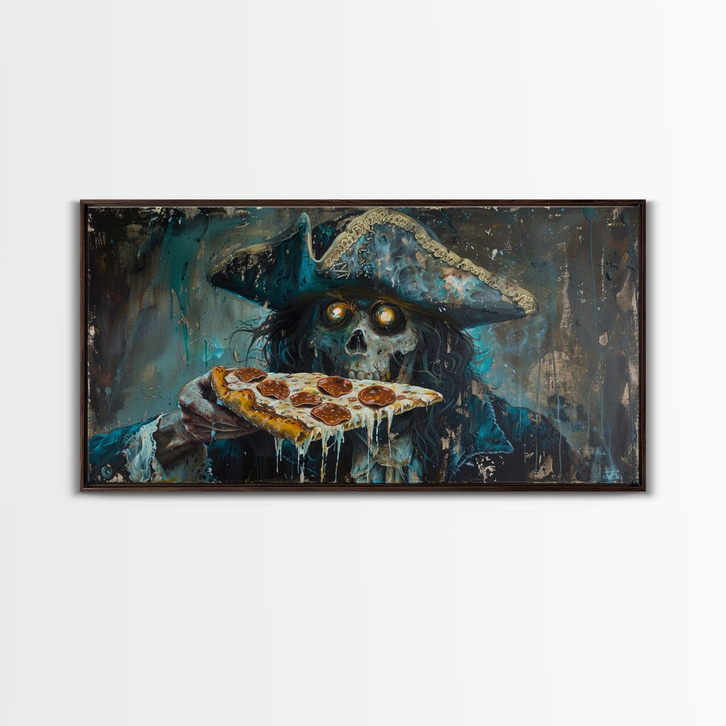 Spooky Pizza Pirate, Framed Canvas Print, Ghostly Pirate Havin a Slice of Pizza, kinda funny idk