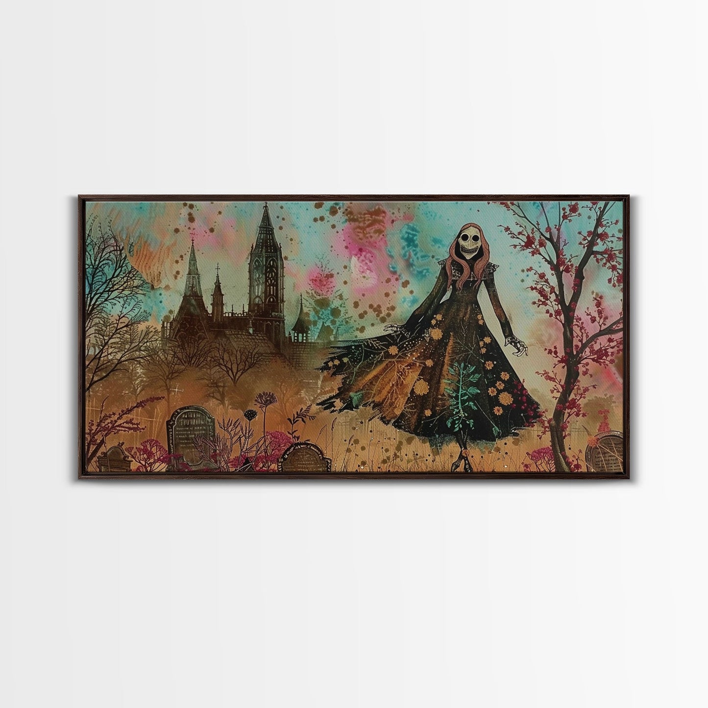 Grinning Banshee In A Cemetery Framed Canvas Print - Spooky Wall Art - Halloween Decor