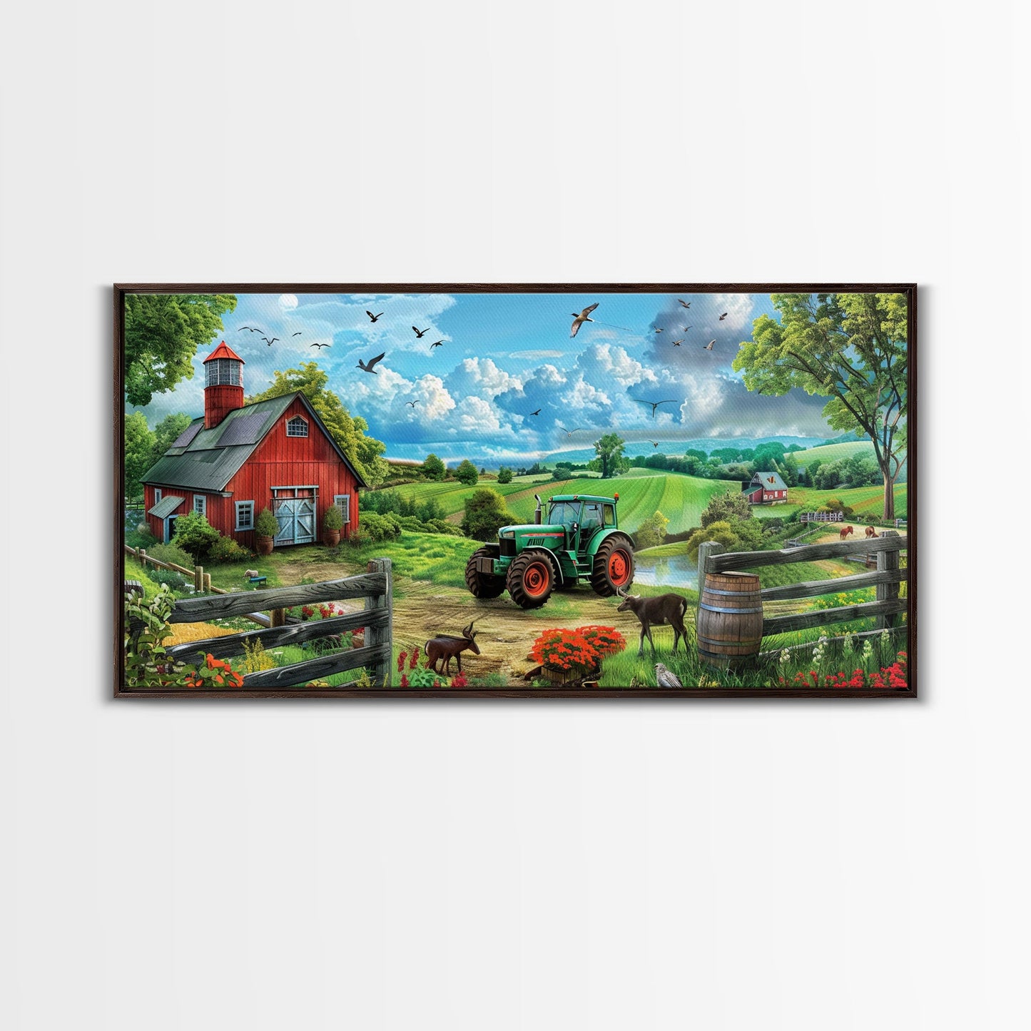 Green Tractor Near Red Barn in Countryside, Charming Farm Art, Framed Canvas Print, Country Living Room Decor, Wall Art