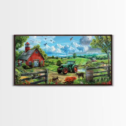 Green Tractor Near Red Barn in Countryside, Charming Farm Art, Framed Canvas Print, Country Living Room Decor, Wall Art