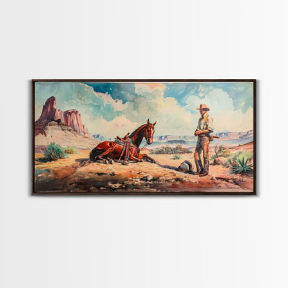 Cowboy and Horse in Desert Landscape, Rustic Farmhouse Art, Framed Canvas Print, Western Decor, Living Room Wall Art, Country Style
