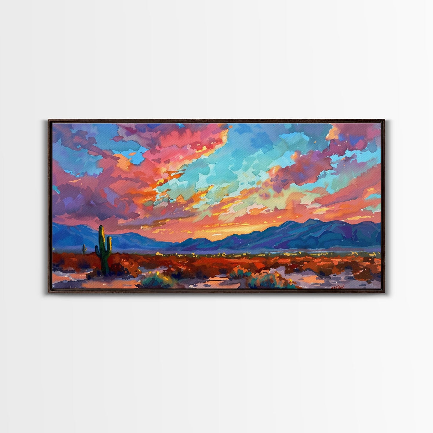 Road Through Desert at Sunset, Colorful Southwestern Art, Framed Canvas Print, Boho Wall Decor, Rustic Living Room Art, Desert Scene