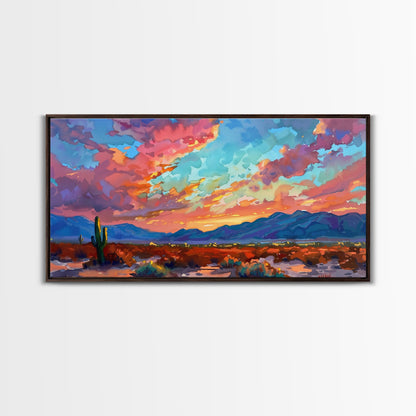Road Through Desert at Sunset, Colorful Southwestern Art, Framed Canvas Print, Boho Wall Decor, Rustic Living Room Art, Desert Scene