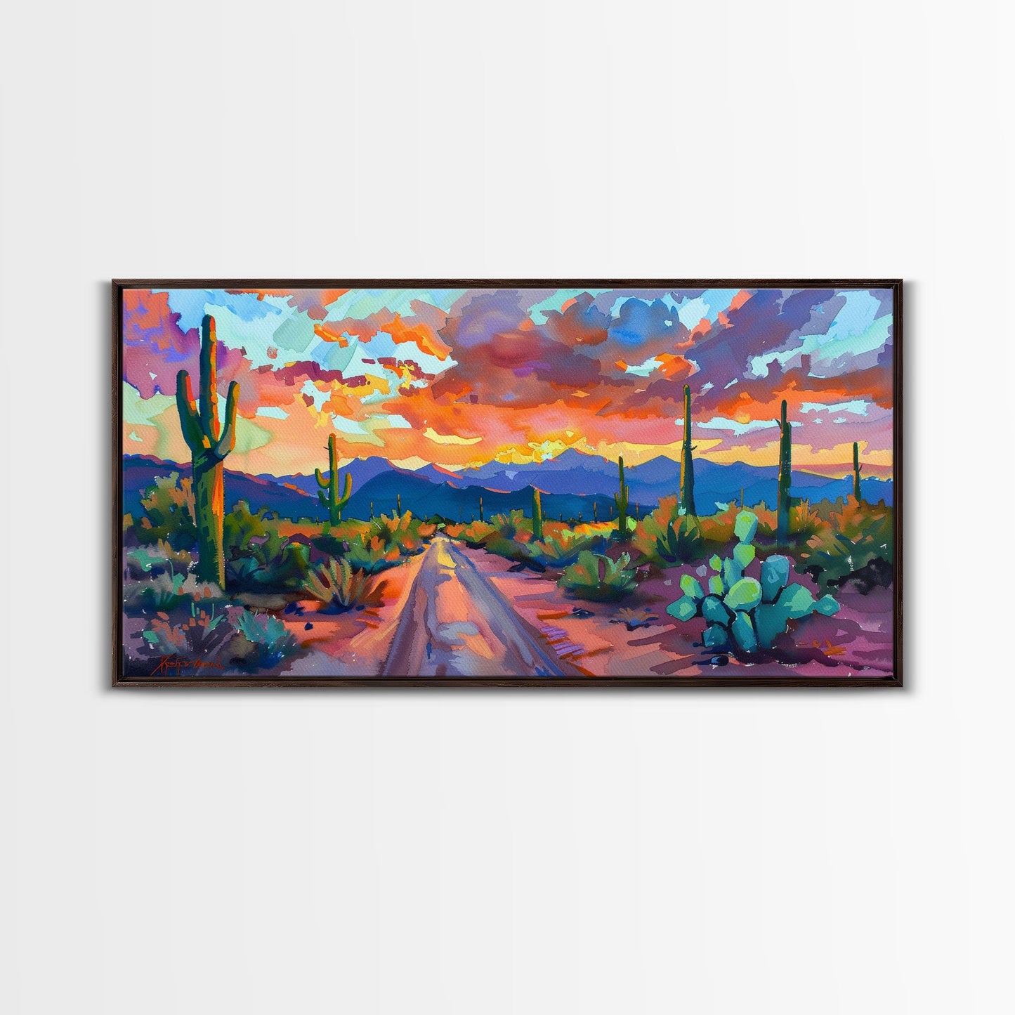 Cacti and Mountains Under Sunset Sky, Vibrant Southwestern Landscape Art, Framed Canvas Print, Boho Living Room Decor, Desert Scene
