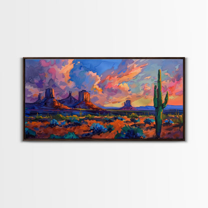 Radiant Mountain Sunset with Saguaro Cacti, Framed Canvas Print for Living Room Art, Perfect for Boho and Southwestern Decor