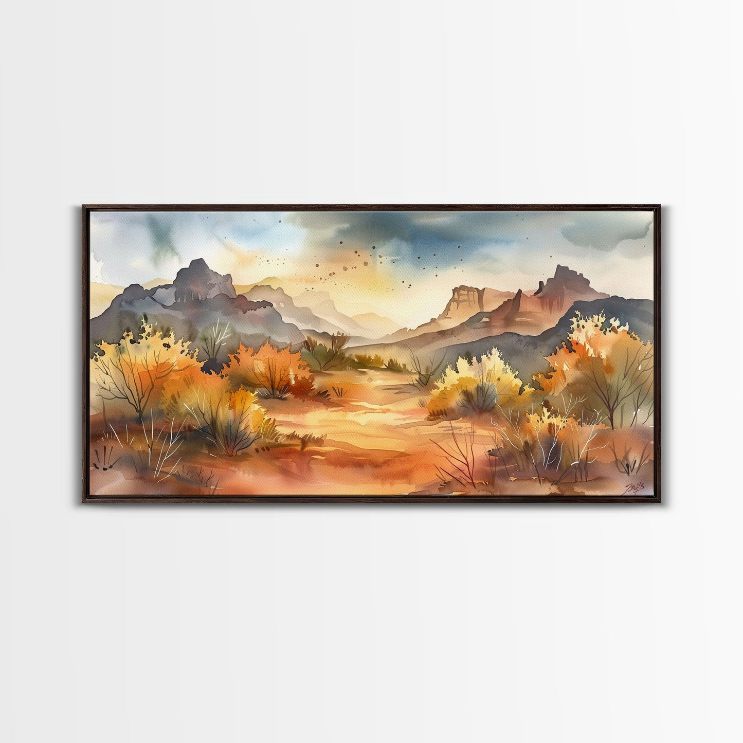Serene Desert Landscape with Mountains and Sunlit Sky, Perfect Framed Canvas Print for Living Room, Boho Wall Art, Nature Decor