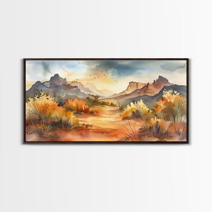 Serene Desert Landscape with Mountains and Sunlit Sky, Perfect Framed Canvas Print for Living Room, Boho Wall Art, Nature Decor