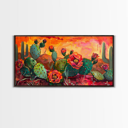Prickly pear cacti with vibrant blooms in desert scene, Framed Canvas Print, great for modern living room, boho wall decor
