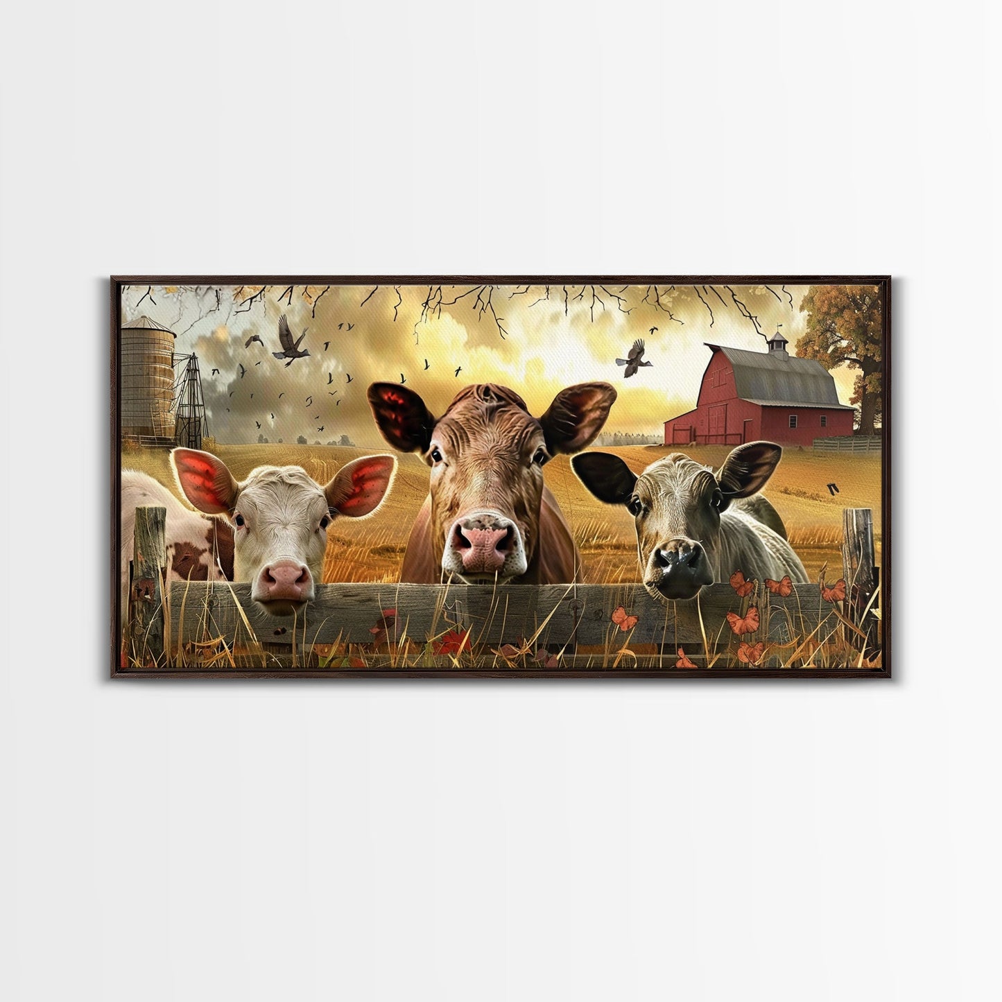 Cute cows peeking through barn fence, Framed Canvas Print, ideal for farmhouse living room, country style wall art decor