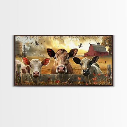 Cute cows peeking through barn fence, Framed Canvas Print, ideal for farmhouse living room, country style wall art decor