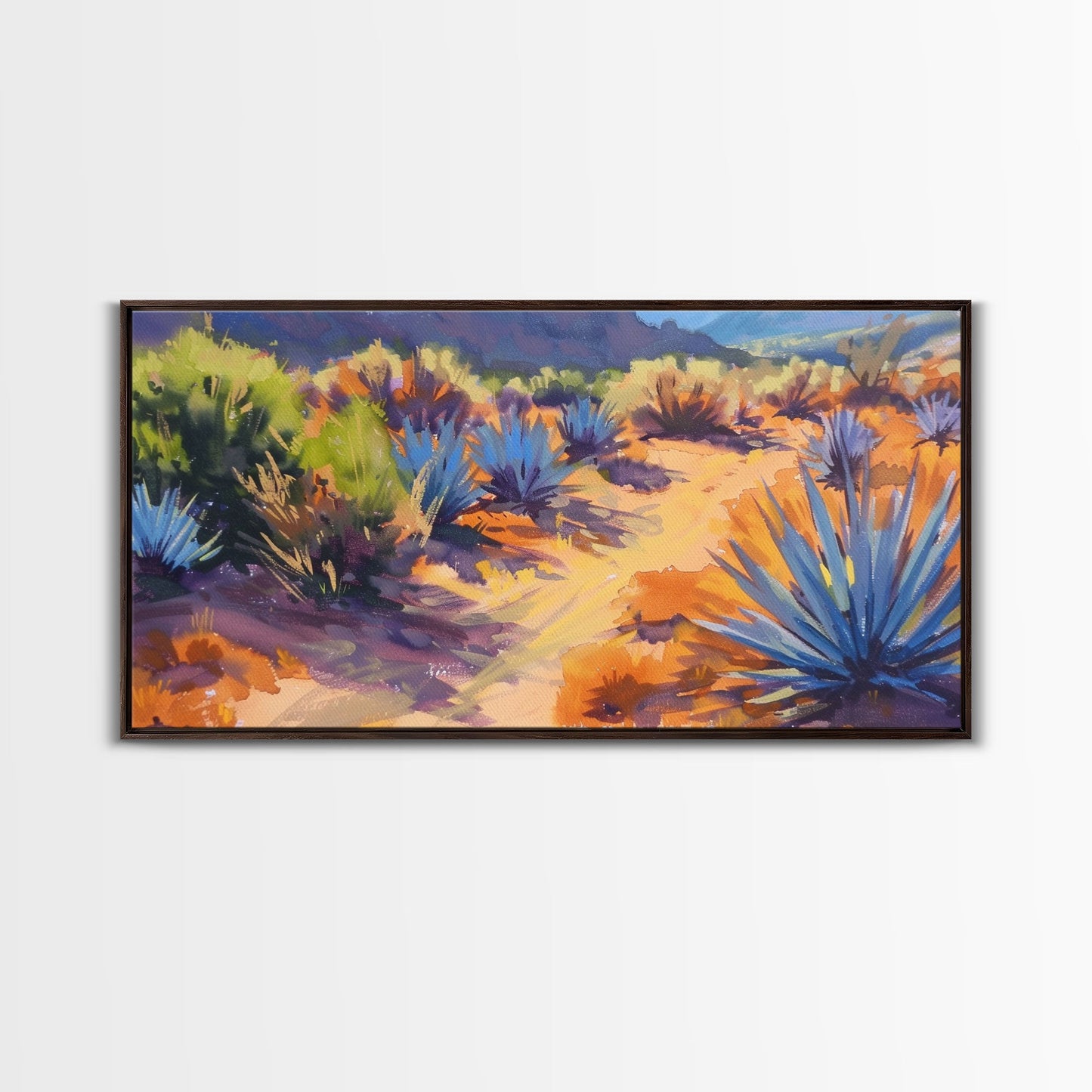Desert Pathway with Vibrant Foliage, Perfect for Living Room Art, Framed Canvas Print, Bohemian Decor, Nature Inspired Wall Art