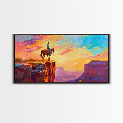 Lone Cowboy at Canyon Edge During Sunset, Farmhouse Style Framed Canvas Print for Bedroom Wall Art, Rustic Home Decor, Western Landscape