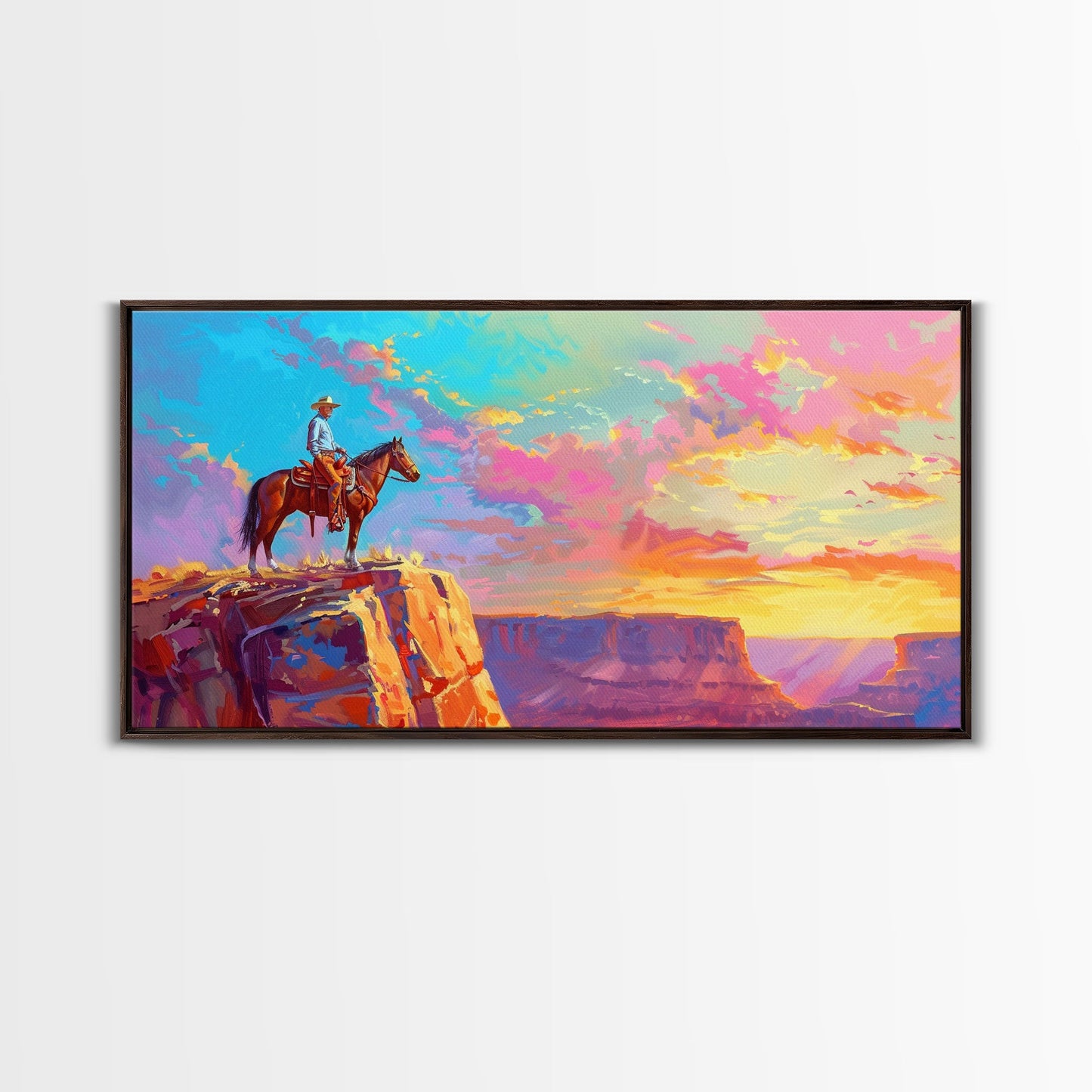 Cowboy Watching Sunset Over Canyon, Farmhouse Style Framed Canvas Print for Living Room Wall Art, Vibrant Home Decor, Western Landscape