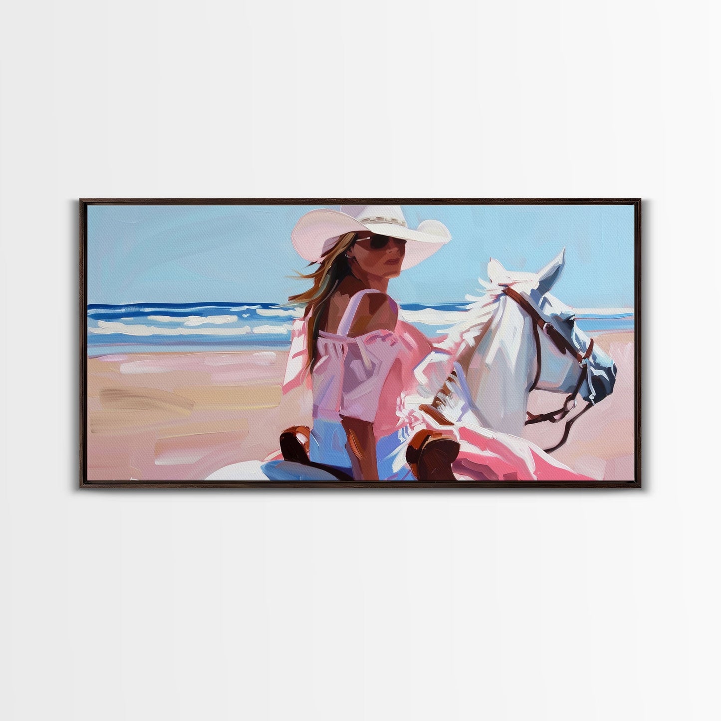 Elegant Cowgirl on Horse by the Shore, Beautiful Framed Canvas Print, Ideal for Coastal Living Room Art, Beach Bedroom Decor, Horse Wall Art