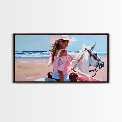 Elegant Cowgirl on Horse by the Shore, Beautiful Framed Canvas Print, Ideal for Coastal Living Room Art, Beach Bedroom Decor, Horse Wall Art