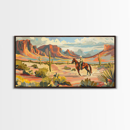 Serene Desert Scene with Cowboy, Ideal for Living Room Art, Framed Canvas Print, Bedroom Decor, Home Decoration, Southwestern Decor
