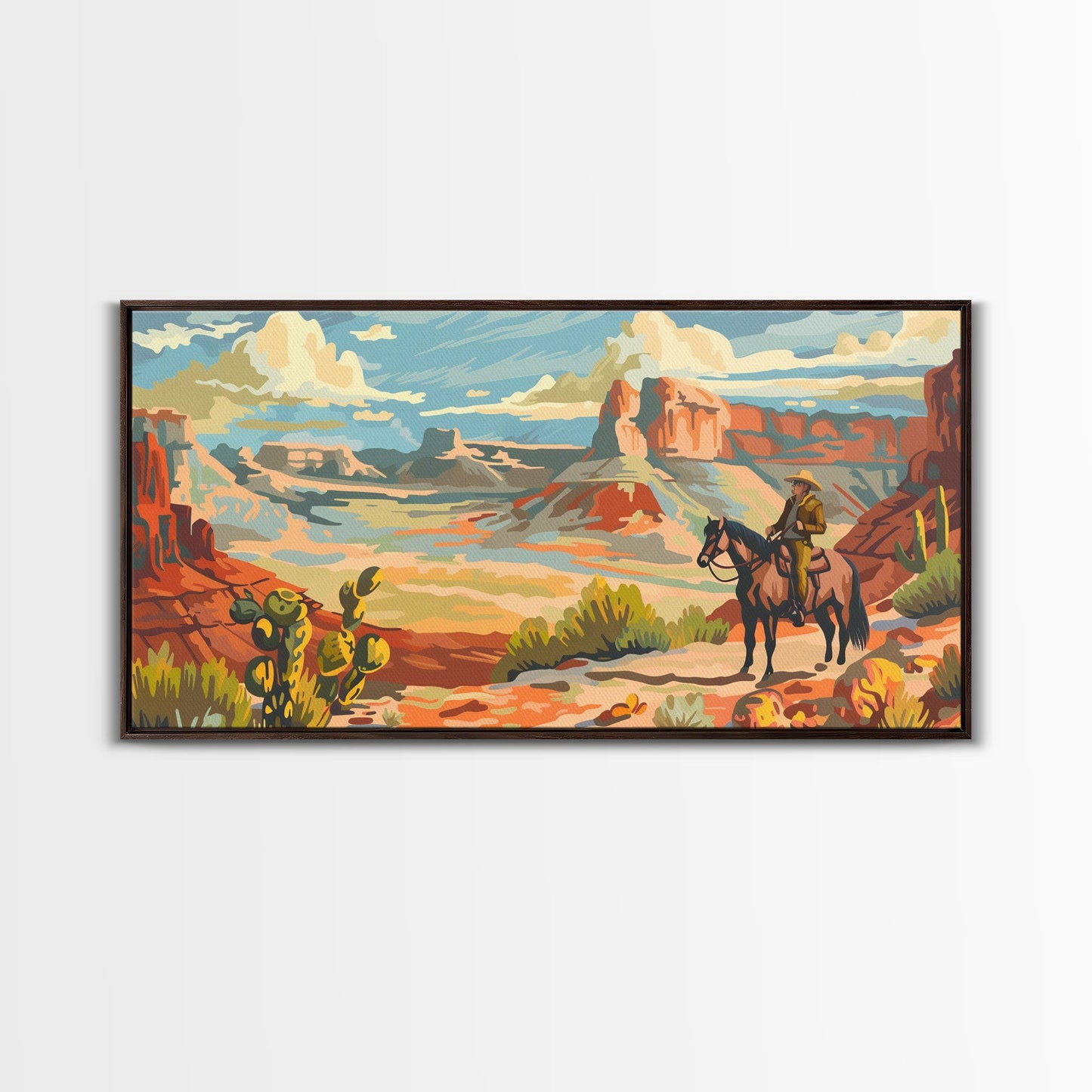 Cowboy Riding through Canyon, Framed Canvas Print for Rustic Living Room Decor, Western Art for Home and Bedroom Decoration