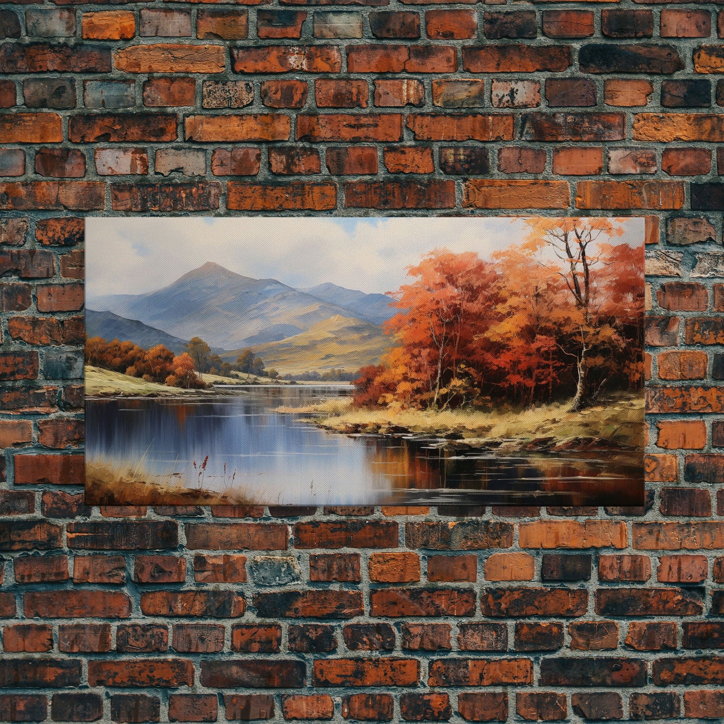 Autumn By The Lake, Framed Canvas Print, Original Landscape Painting, Fall Decor, Boho Minimalist Farmhouse Decor, Rustic Art