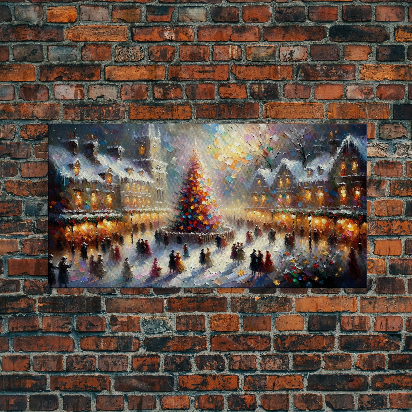 Retro Style Christmas Canvas Print | Framed Canvas Print | Christmas Village | Winter Wonderland | Impasto Style Painting | Seasonal Decor