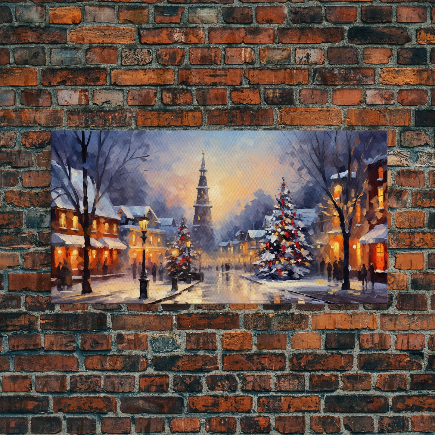 Christmas Centerpiece Wall Art - Framed Canvas Print - Winter Wonderland Victorian Village Decorated for Christmas Canvas Wall Art