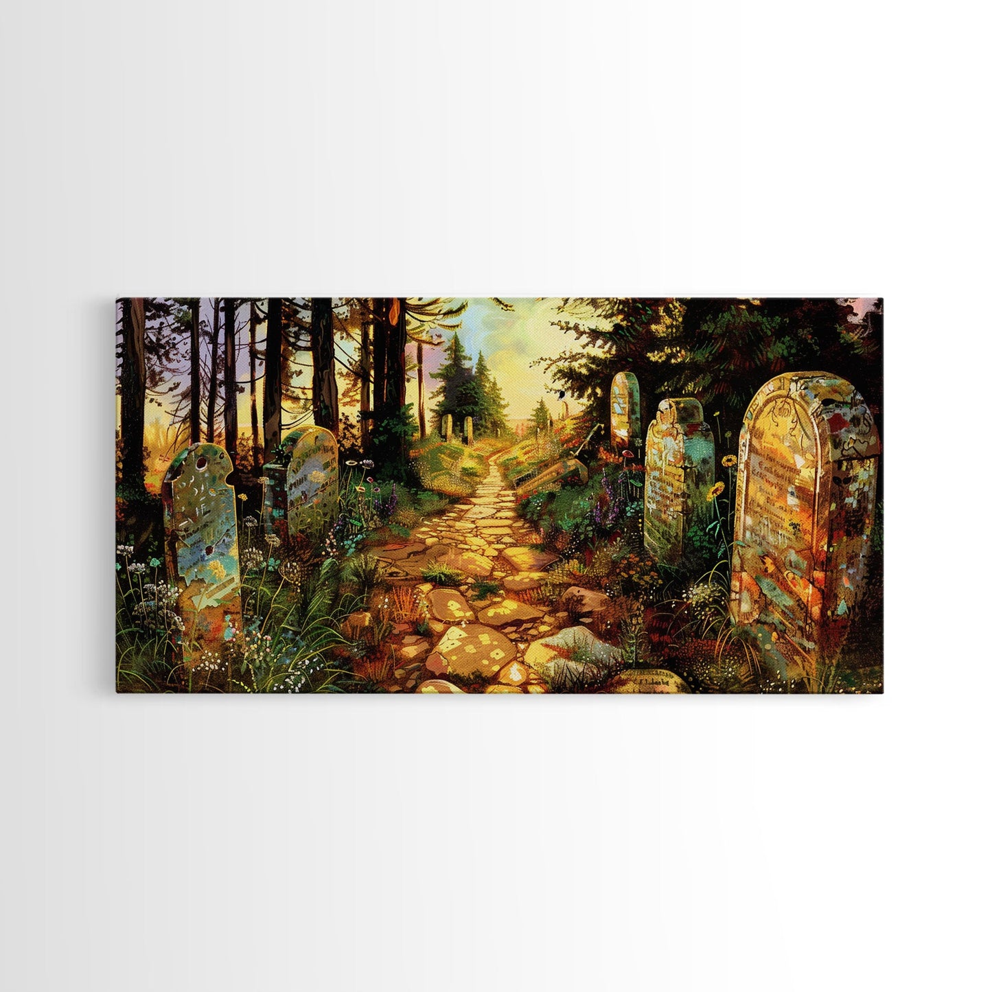 Haunted Cemetery In The Springtime, Framed Canvas Print, Colorful Halloween Decor, Halloween Wall Art