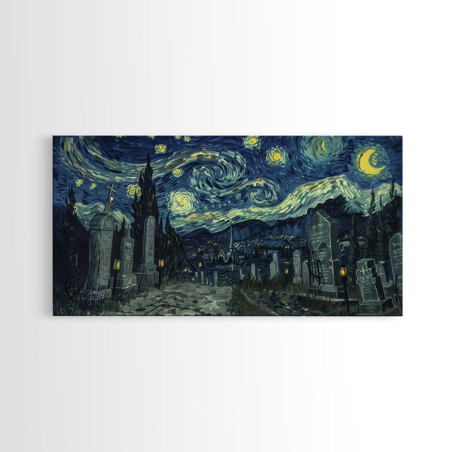 Haunted Graveyard Framed Canvas Print, Starry Night Van Gogh Inspired Halloween Decor, Spooky Vibes Halloween Gift