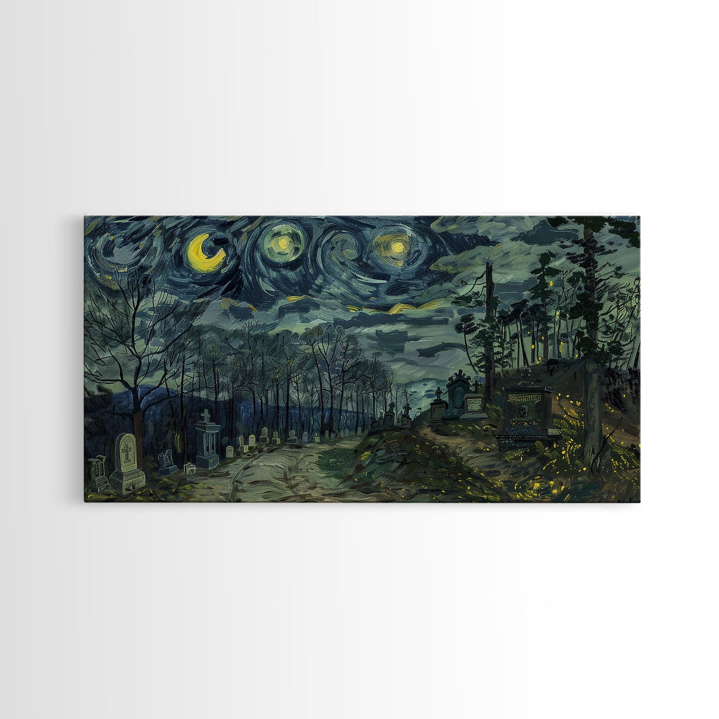 Haunted Graveyard Framed Canvas Print, Starry Night Van Gogh Inspired Halloween Decor, Spooky Vibes Halloween Gift