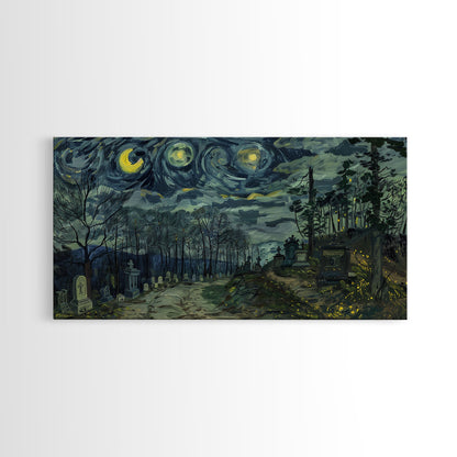 Haunted Graveyard Framed Canvas Print, Starry Night Van Gogh Inspired Halloween Decor, Spooky Vibes Halloween Gift
