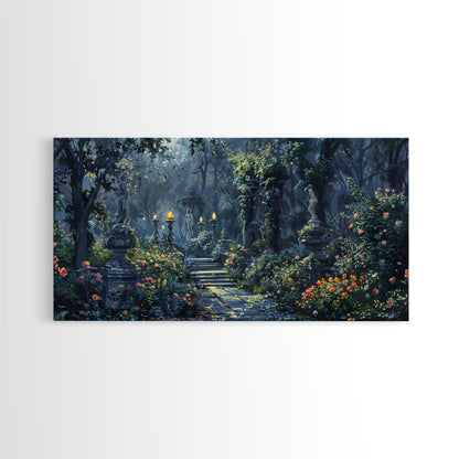 Creepy Victorian Hedge Maze, Haunted Cemetary Framed Canvas Print, Spooky Season Wall Art