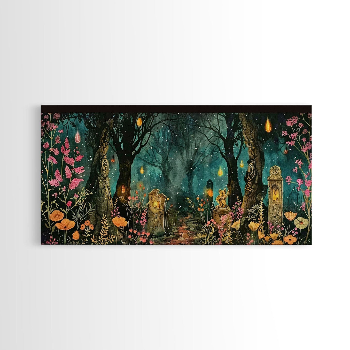Haunted Cemetery In The Forest Framed Canvas Print, Halloween Decor, Halloween Prop Wall Art