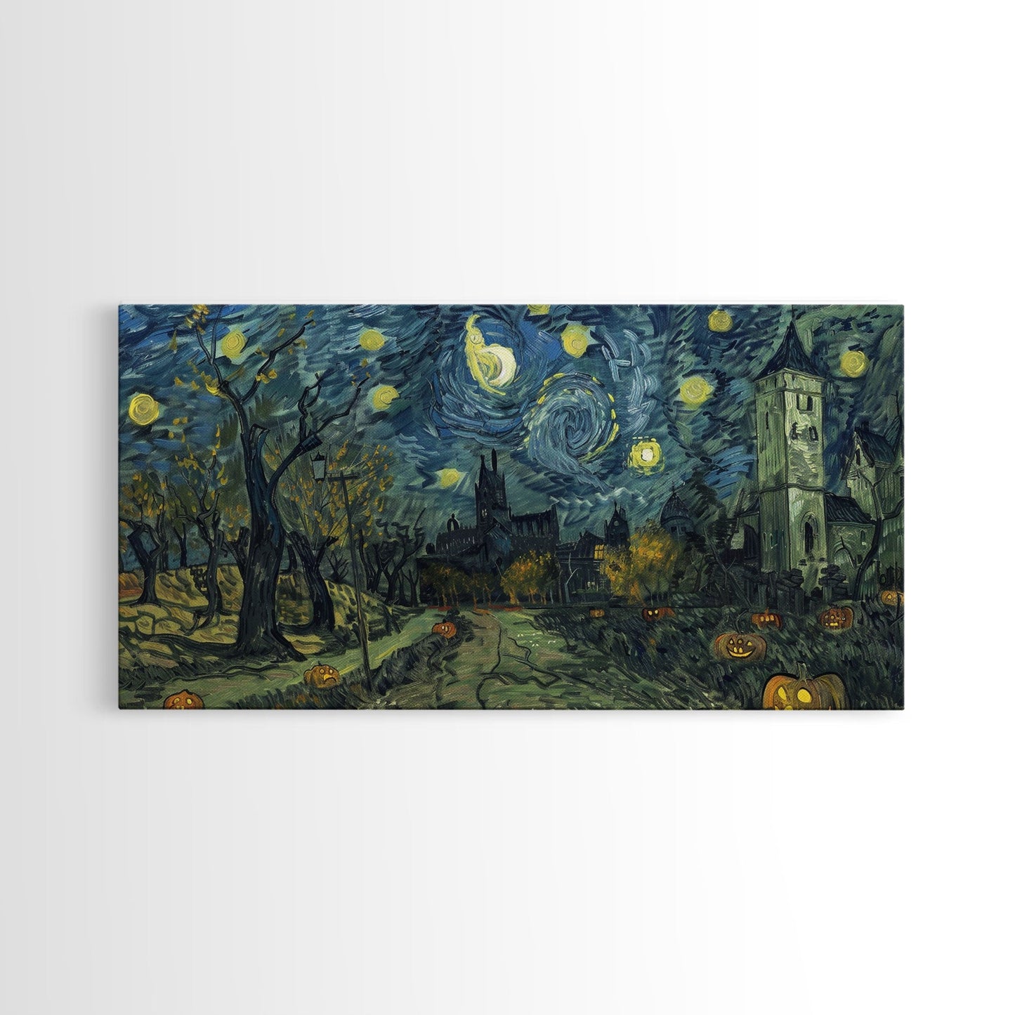 Haunted Halloween Cemetary, Starry Night Inspired Halloween Decor, Framed Canvas Print, Halloween Props