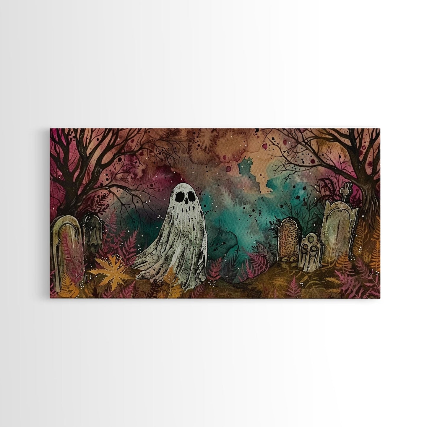 Cute Ghost In The Cemetery, Framed Canvas Print, Halloween Wall Decor, Halloween Trinkets
