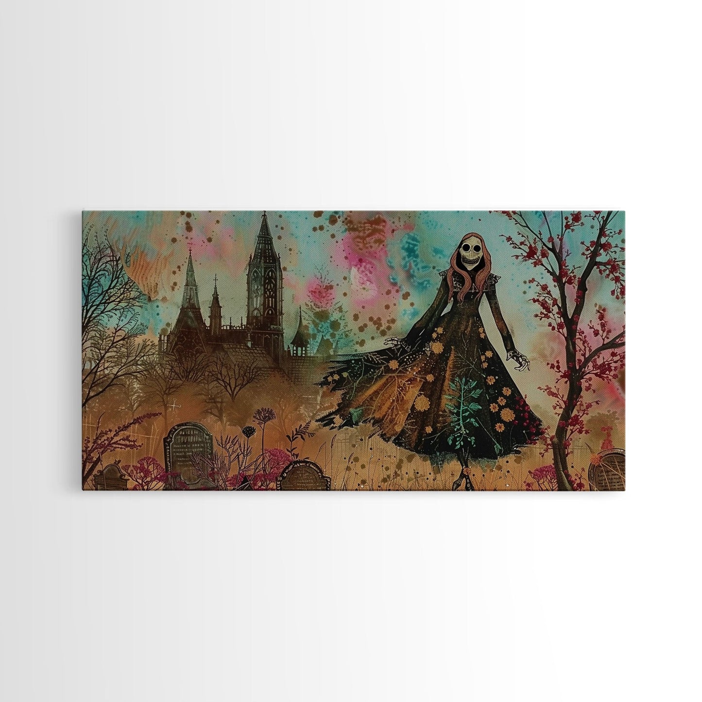 Grinning Banshee In A Cemetery Framed Canvas Print - Spooky Wall Art - Halloween Decor