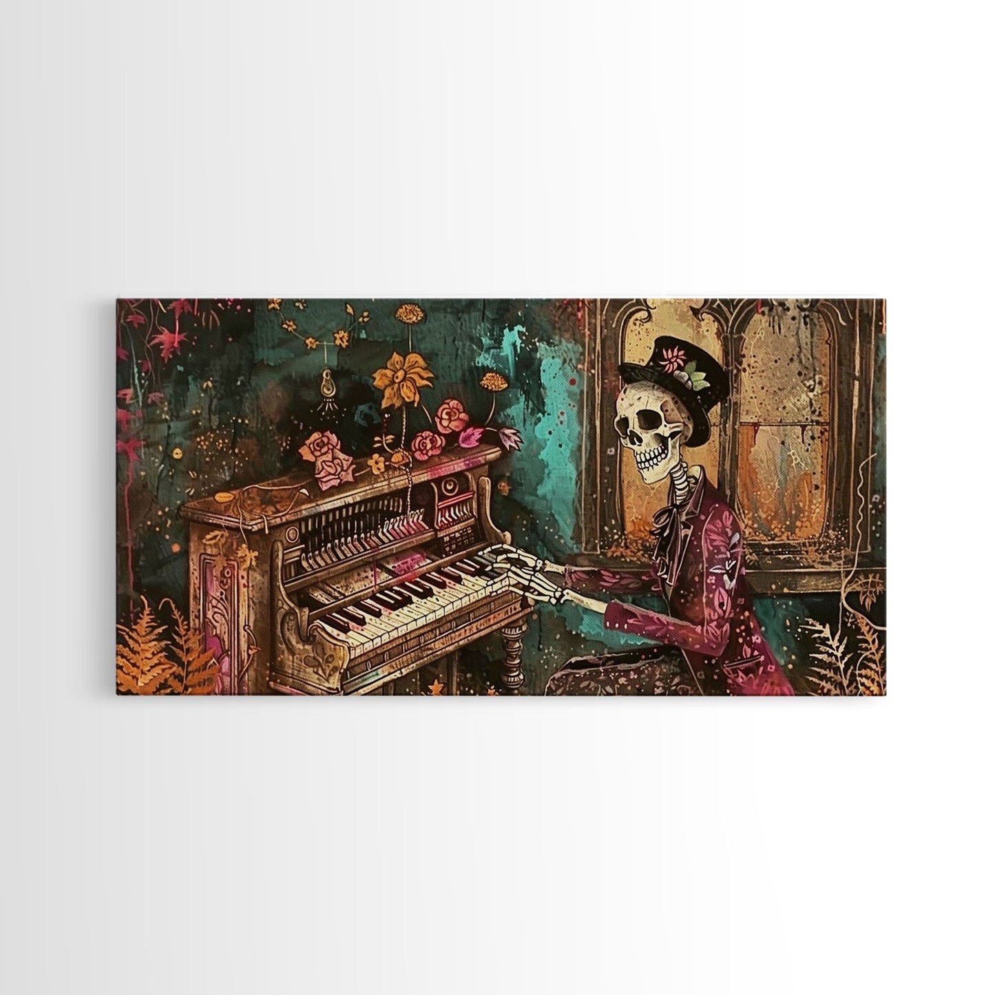 Skeleton Playing The Piano, Framed Canvas Print, Halloween Decor, Spooky Month Home Decor