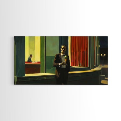 Liminal Halloween Art, Skeleton Having an Ice Cream Cone, Framed Canvas Print, Halloween Decor