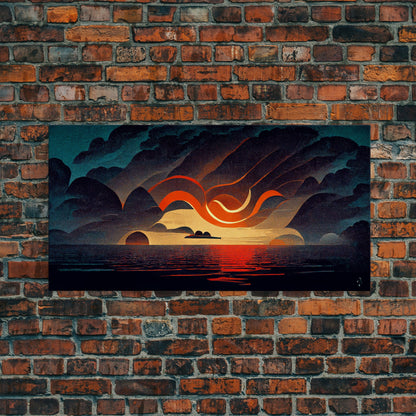 Abstract art deco sunset canvas print, sunset over the vast ocean, living room art