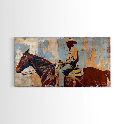 Cowboy on Horseback, Textured Background, Modern Living Room Art, Framed Canvas Print, Rustic Home Decoration, Boho Wall Art