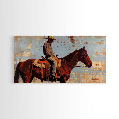 Cowboy on Horse with Rustic Background, Stunning Wall Art, Framed Canvas Print, Boho Bedroom Decor, Western Home Decoration