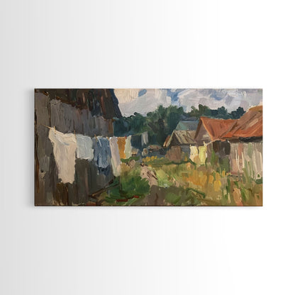 Rustic Farmyard with Laundry, Framed Canvas Print, Farmhouse Wall Art, Living Room Decor, Country Style, Outdoor Scene
