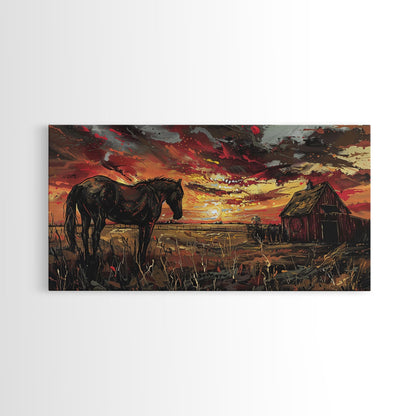 Dark Horse at Sunset with Barn, Stunning Abstract Art, Framed Canvas Print, Boho Wall Art, Bedroom Decor, Unique Home Decoration