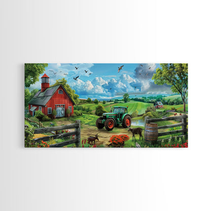 Green Tractor Near Red Barn in Countryside, Charming Farm Art, Framed Canvas Print, Country Living Room Decor, Wall Art