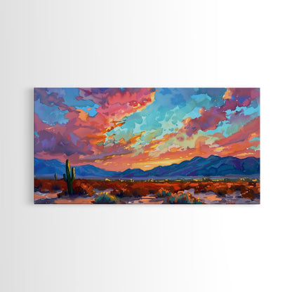 Road Through Desert at Sunset, Colorful Southwestern Art, Framed Canvas Print, Boho Wall Decor, Rustic Living Room Art, Desert Scene