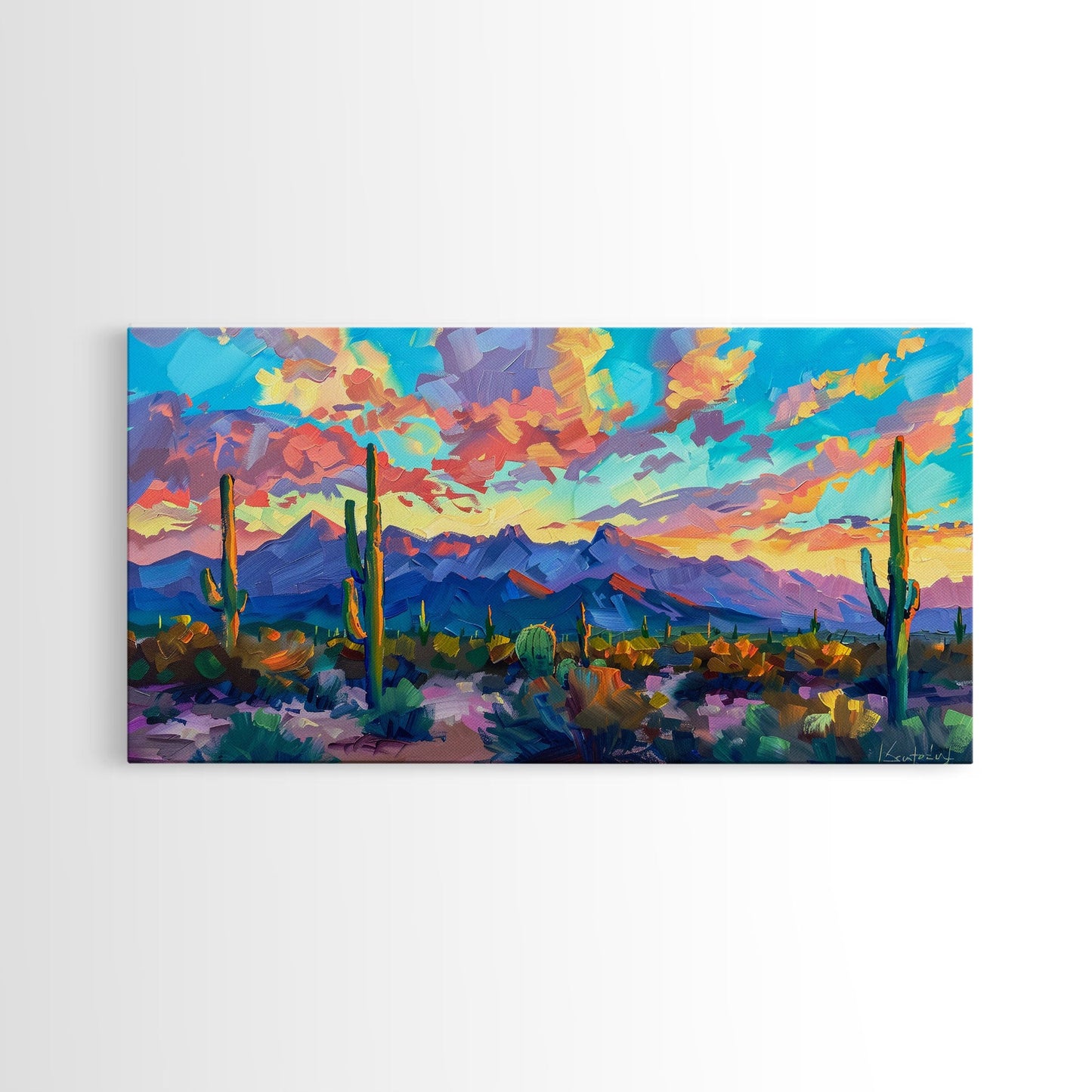 Expansive Desert Landscape at Sunset, Colorful Southwestern Art, Framed Canvas Print, Boho Living Room Wall Decor, Desert Scene