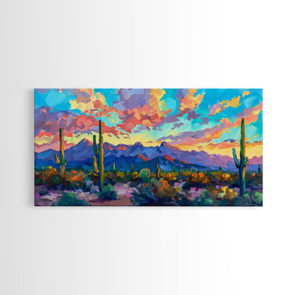 Expansive Desert Landscape at Sunset, Colorful Southwestern Art, Framed Canvas Print, Boho Living Room Wall Decor, Desert Scene