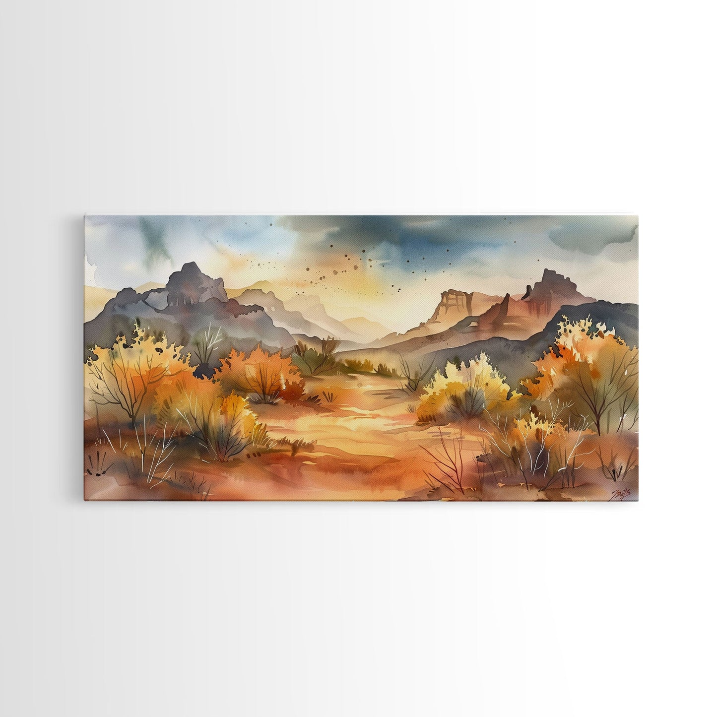 Serene Desert Landscape with Mountains and Sunlit Sky, Perfect Framed Canvas Print for Living Room, Boho Wall Art, Nature Decor