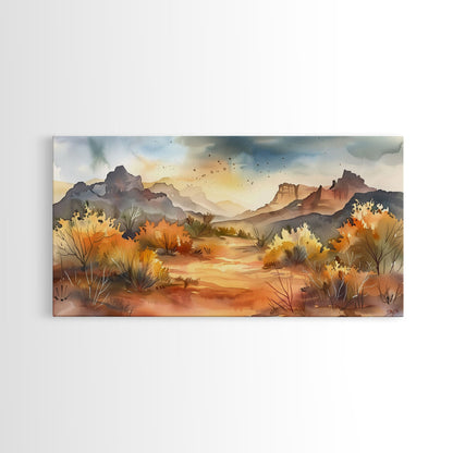 Serene Desert Landscape with Mountains and Sunlit Sky, Perfect Framed Canvas Print for Living Room, Boho Wall Art, Nature Decor
