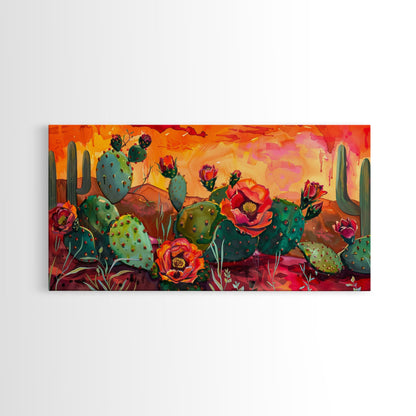 Prickly pear cacti with vibrant blooms in desert scene, Framed Canvas Print, great for modern living room, boho wall decor