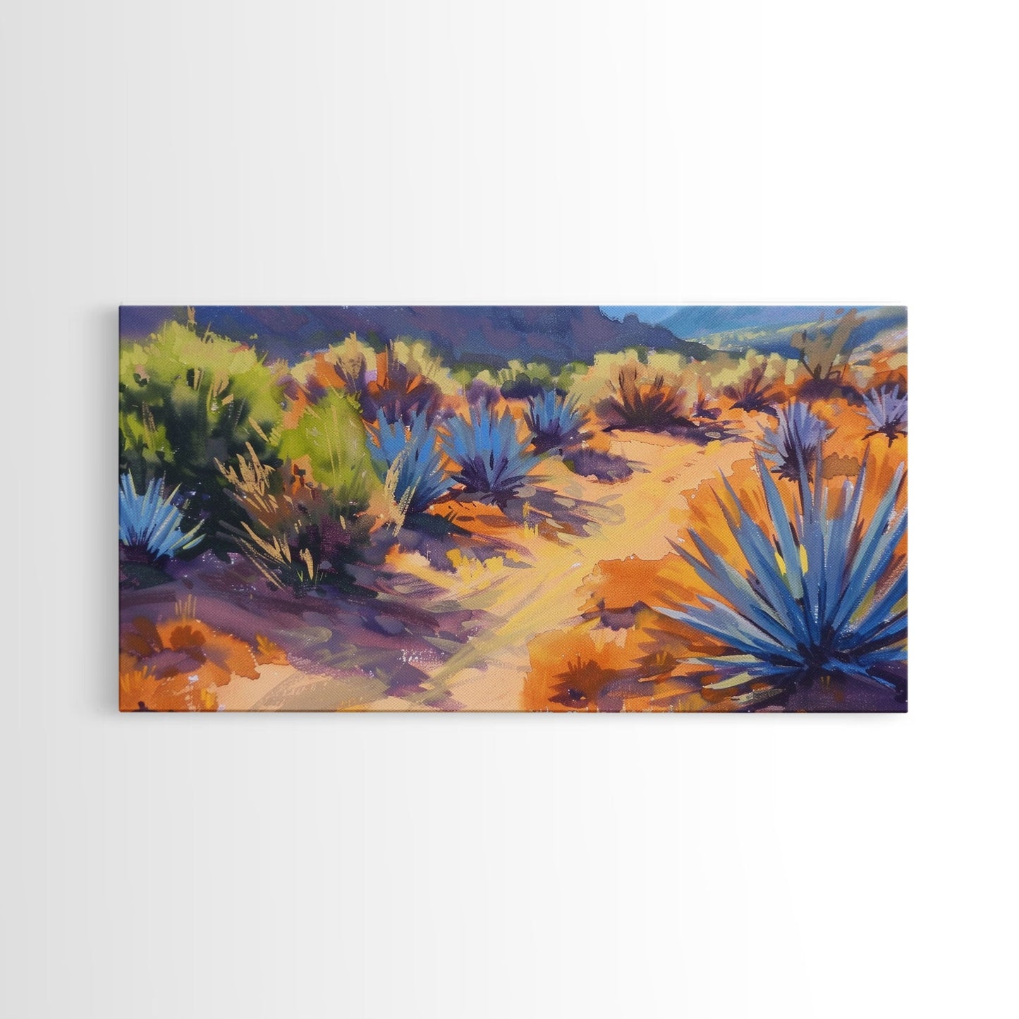 Desert Pathway with Vibrant Foliage, Perfect for Living Room Art, Framed Canvas Print, Bohemian Decor, Nature Inspired Wall Art