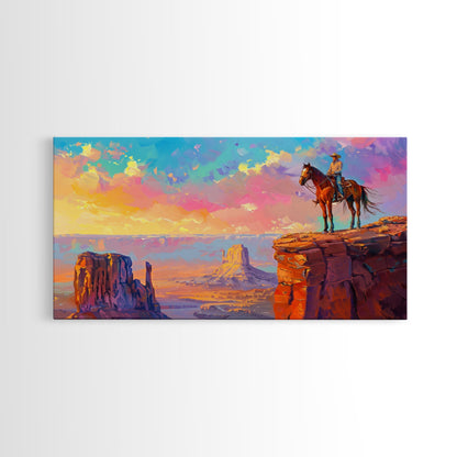 Cowboy Overlooking Monument Valley, Farmhouse Style Framed Canvas Print for Bedroom Wall Art, Rustic Home Decor, Scenic Western Landscape